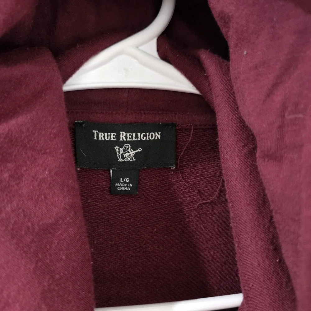 True Religion Mens Zip Up Hooded Sweater Size Large Spellout Logo Y2K Grunge